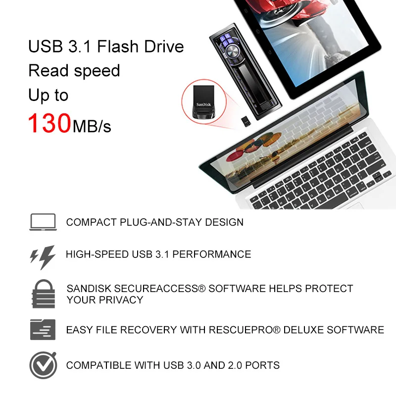 SanDisk Ultra Fit USB ključek 32gb CZ430 64GB mini USB Pen Drive 3.1 130MB/S 16gb pendrive visoke Hitrosti USB3.0 USB Ključek 128G