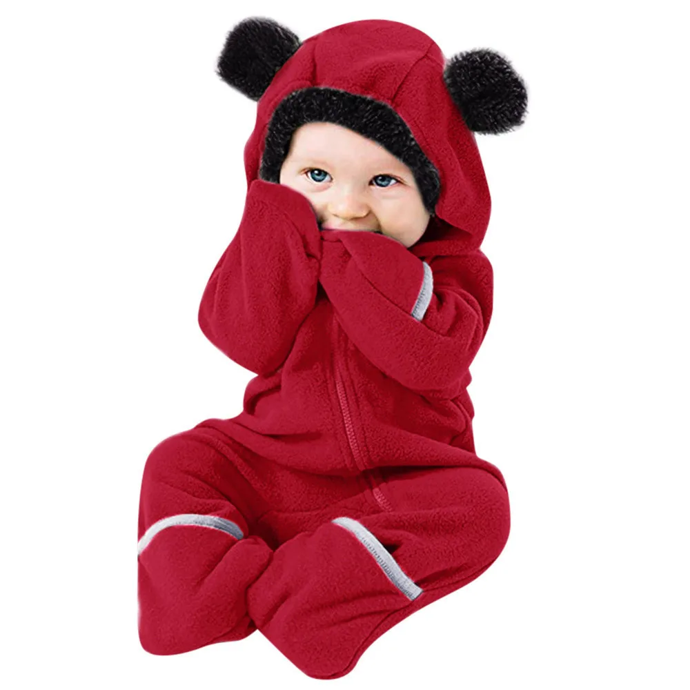 0-24M novorojenčka zimska oblačila vrhnja fantje dekleta malčke baby igralne obleke Risanka Ušesa Hoodie Romper Zip Jumpsuit kerstjurk meisje V5