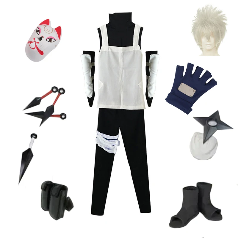 Brdwn Naruto Unisex Konoha Anbu Kakashi Cosplay Kostum Celoten sklop obleko (Maska+Čevlji+Kunai+Perila)