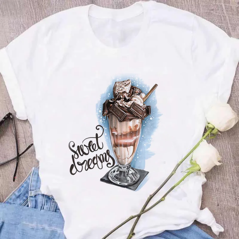 Sladica, Akvarel Sladoled Tiskanja Ženske T-shirt Srčkan kartico Zračen dekleta Kratkimi rokavi Tshirt Fan ice cream čokolada ženske majice