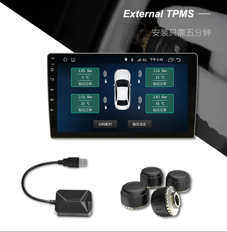 Avto TPMS USB Nadzor Tlaka v Pnevmatikah safty Sistem Za Android 9.0 Avto DVD-Predvajalnik 4 Senzorji Opozorilo Pnevmatike Temperature