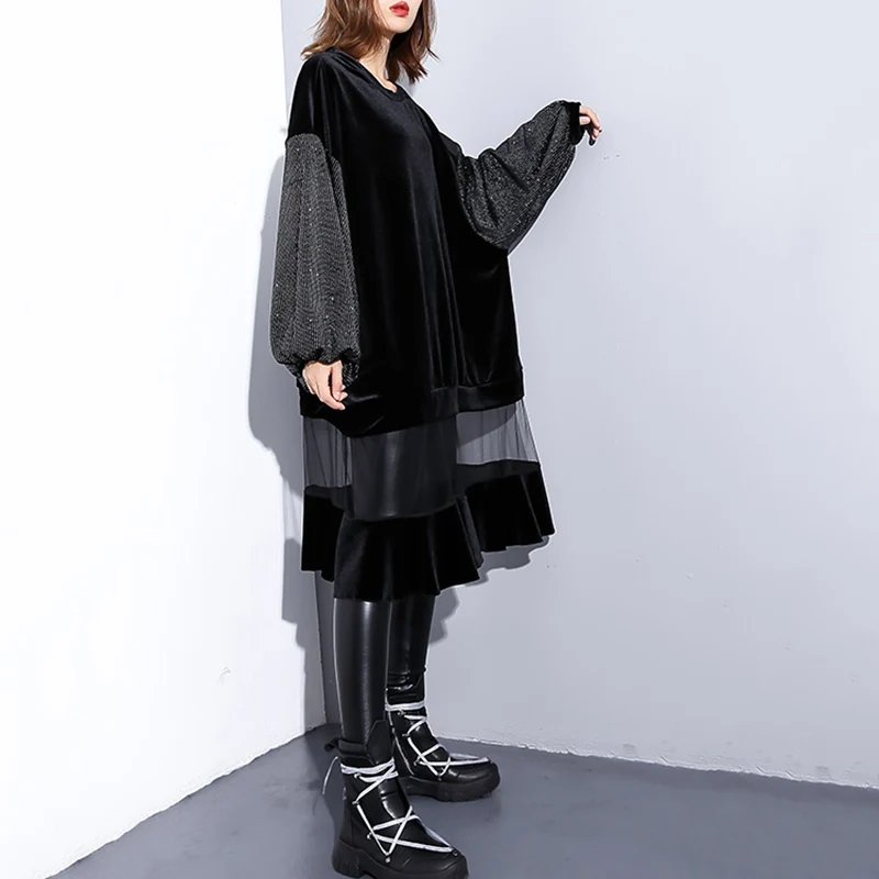 SISPELL Mozaik Očesa Ruffle Obleke Za Dekleta O Vratu Luč Dolg Rokav Z Bleščicami Žensk Priložnostne Obleko 2020 New Tide