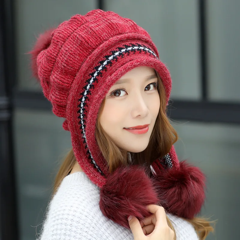 Novo modno Jesen zima korejski toplo zgostitev naušniki plesti klobuk udobno ženske, dekleta srčkan priložnostno zunanji klobuk lase žogo kape