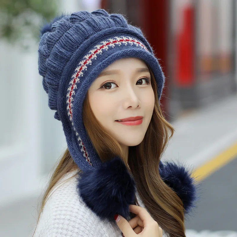 Novo modno Jesen zima korejski toplo zgostitev naušniki plesti klobuk udobno ženske, dekleta srčkan priložnostno zunanji klobuk lase žogo kape