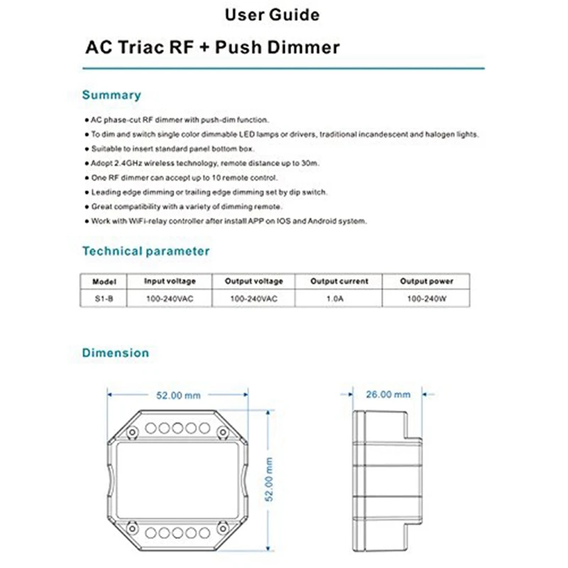 AC 110V - 220V S1-B Led Triac RF Dimmer Uporabo 2,4 GHz Brezžična 120W-288W Potisnite stikalo za kratke luči LED Stikalo Krmilnika