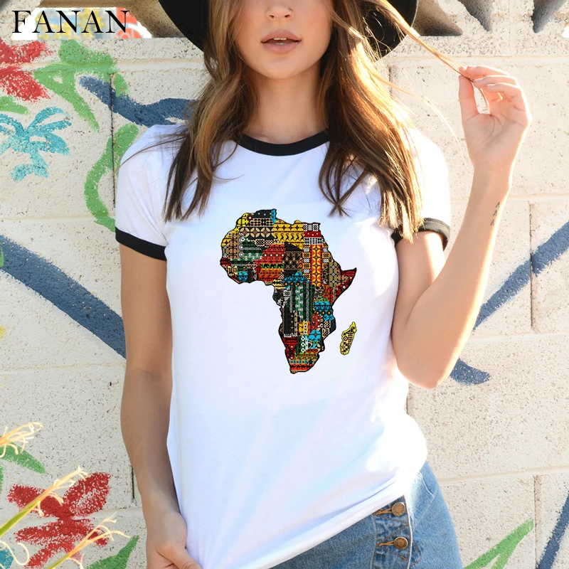 Afrika Zemljevid Graphic Majica s kratkimi rokavi za Ženske Harajuku Afriške Dediščine Ženske majice Afro Besedo Print Bela tshirt Modna Oblačila Vrhovi