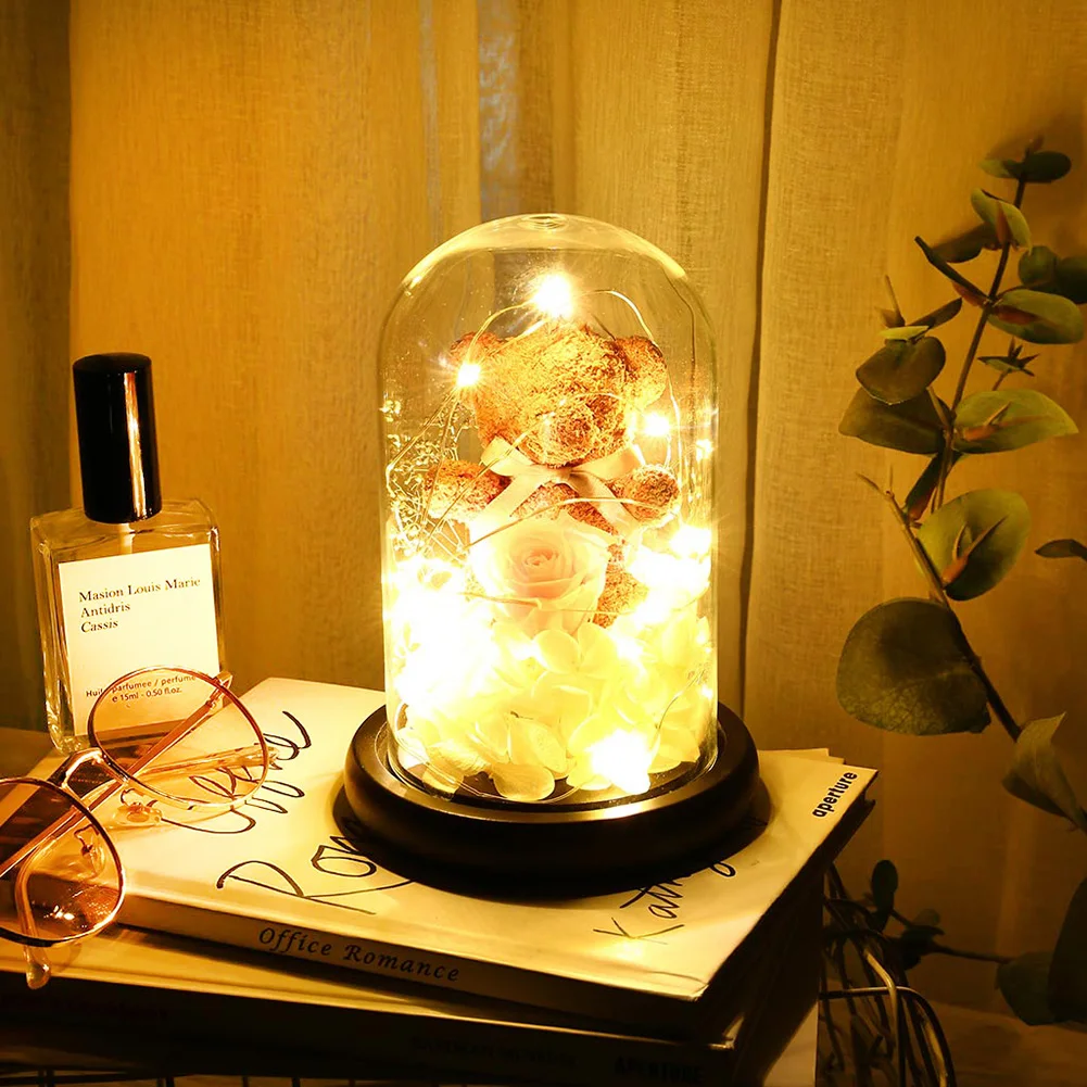 Spalnica Dekor za Valentinovo Darilo Večni Cvet Nosi Rose v Stekleno Kupolo, LED Lučka za Poroko Doma Notranjo Dekoracijo