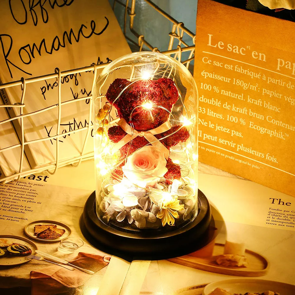 Spalnica Dekor za Valentinovo Darilo Večni Cvet Nosi Rose v Stekleno Kupolo, LED Lučka za Poroko Doma Notranjo Dekoracijo