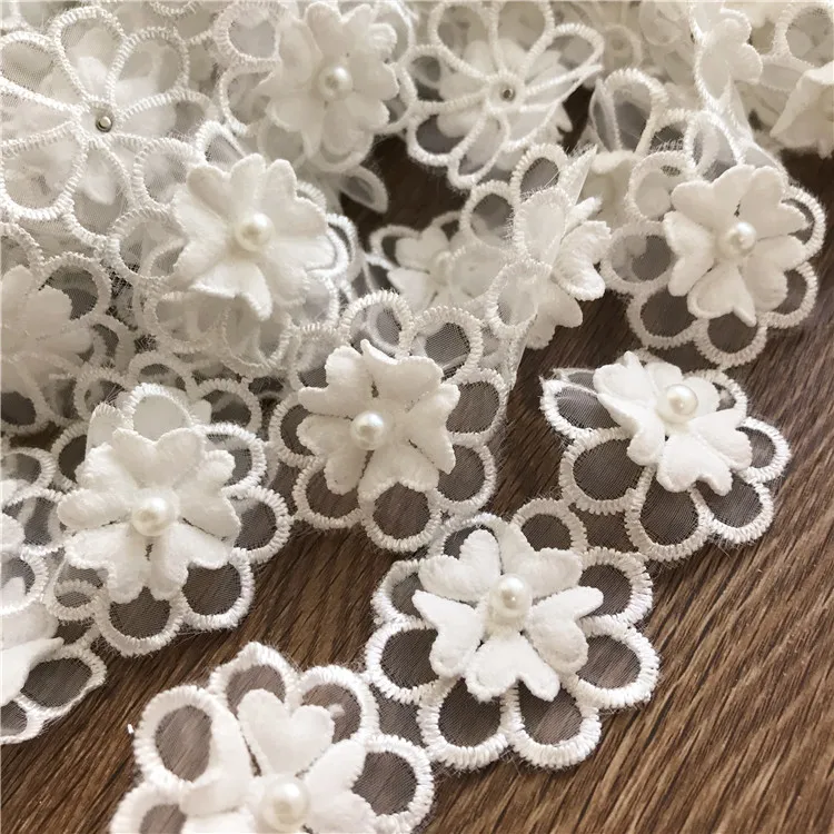 2Meters/veliko Organza Bele Čipke Nohtov Pearl 3D Čipke Cvet Poročno Obleko DIY Ročno izdelani Okraski, Dodatki RS2950