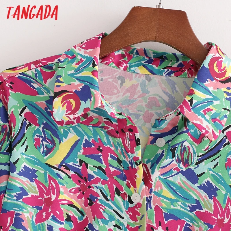 Tangada 2021 Moda za Ženske Tiskanja Cvetovi Shirt Obleko S Poševnico Dolg Rokav Priložnostne Ženski Midi Obleko 1D109