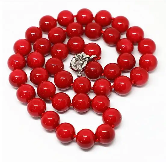 Moda dekle >Nov modni rdeča umetno koralni ogrlica za ženske 8, dopisnica 10, 12,14 mm krog pearl lupini ogrlica za ženske 18 inch
