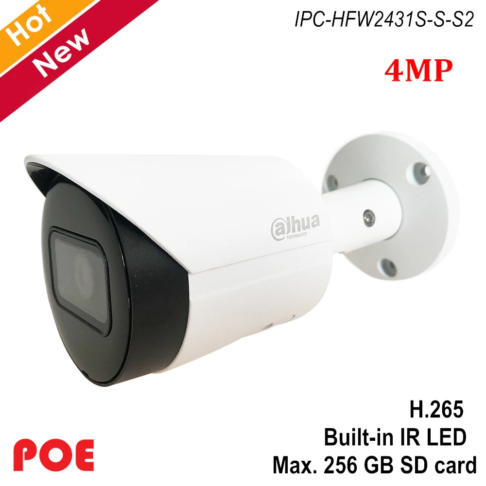 Dahua Novo Lite Serije 4MP Nepremočljiva Bullet IP Kamero H. 265 Vgrajen IR LED Podporo 256 GB SD kartico in POE IPC-HFW2431S-S-S2