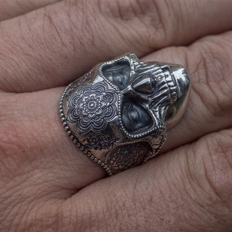 Mehiški Cvet Sladkorja Lobanje Obroči Težka Gothic Mandala Lobanje iz Nerjavečega Jekla 316L Biker Ring Punk Nakit