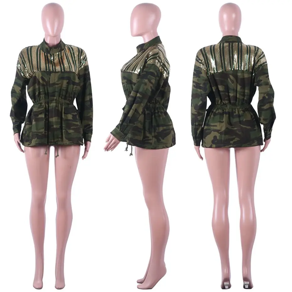 HAOYUAN Prikrivanje Bleščica Suknjič Outwear Ženske Obleke Poln Rokav Plus Velikost Jeseni Ulične Vojske Zelena Camo Dolgo Denim Coats