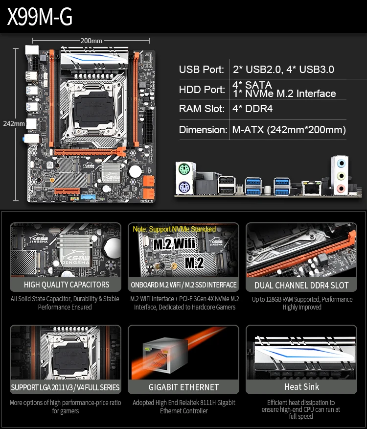 JINGSHA X99 lga 2011-3motherboard podporo NVME M. 2 USB3.0 SATA 3.0 E5-2011v3/V4 CPU in 2*DDR4 2133/2400mhz pomnilnika Strežnika