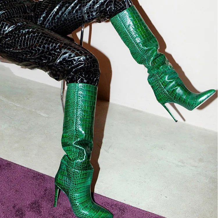 Python Reliefni Usnje Kolena-visoki Škornji Ženske z Visoko peto Opozoril Ženske Škornji Zapatos de Mujer Botas 35-43 Velikost
