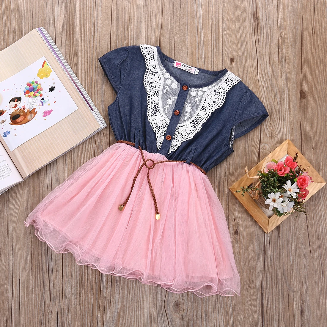 1-6Year Malčka Otroci Baby Dekleta Čipke Obleke Cvetlični Til Tutu Denim Stranka Obleko Poletje Priložnostne Sundress
