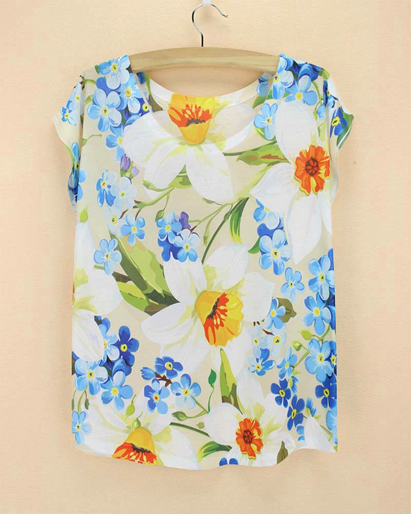 NOVO PRIŠLI cvet tiskanja Tshirt ženske poletje tee debelo American & Evropske moda vrh tees visoke kakovosti brezplačna dostava