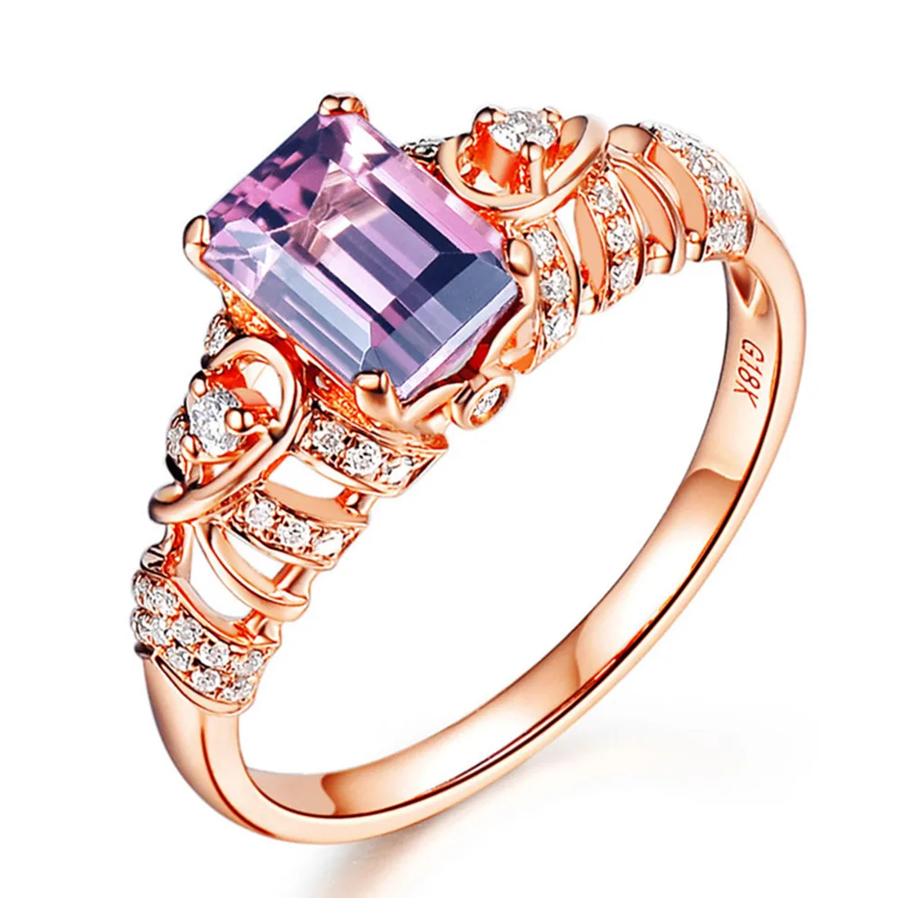 Rose zlata ruby & ametist gemstone obroč za ženske, rdeče in vijolične kristalni kamen cirkon diamanti stranka luksuzni nakit, poročni bend,