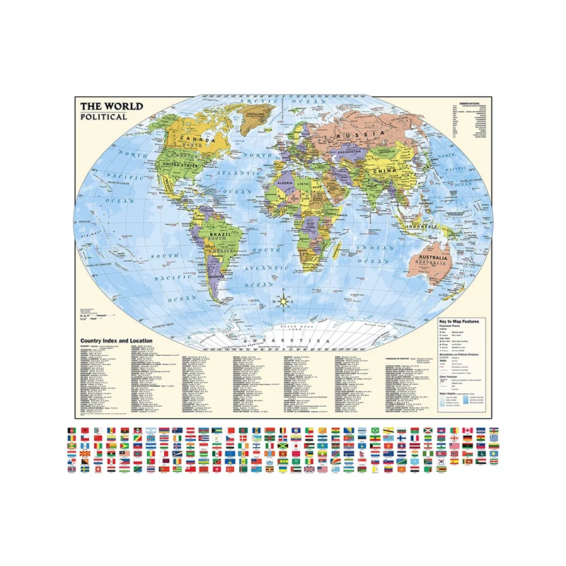 Svet Politični Zemljevid Z Zastavami Non-Woven Non-vonj Platno Slikarstvo Plakat Doma Dnevna Soba Dekor Šoli Študija Dobave