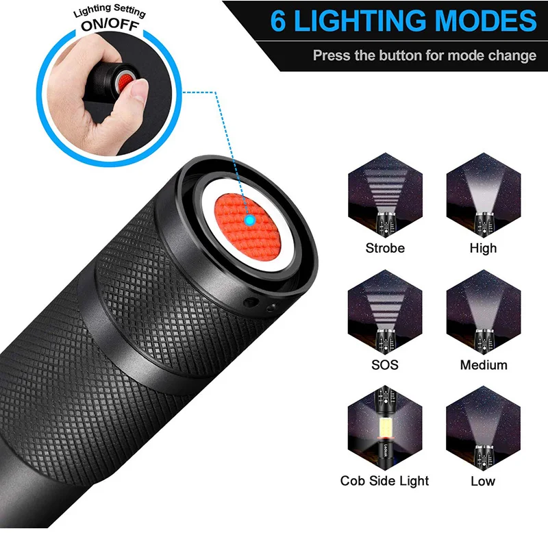 LED COB Taktično Svetilko Cree T6 Visoka Lumen Super Svetla Delo Svetlobe, 6 Načini Nepremočljiva Zoom Baklo Luči na Prostem, Magnet, Lučka
