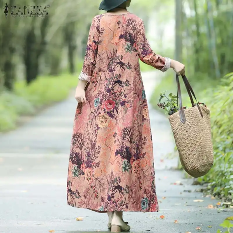 Vintage Cvjetnim Natisne Obleko Žensk Pomlad Sundress ZANZEA 2021 Priložnostne Dolg Rokav Maxi Vestidos O Ženski Vratu Haljo Plus Velikost