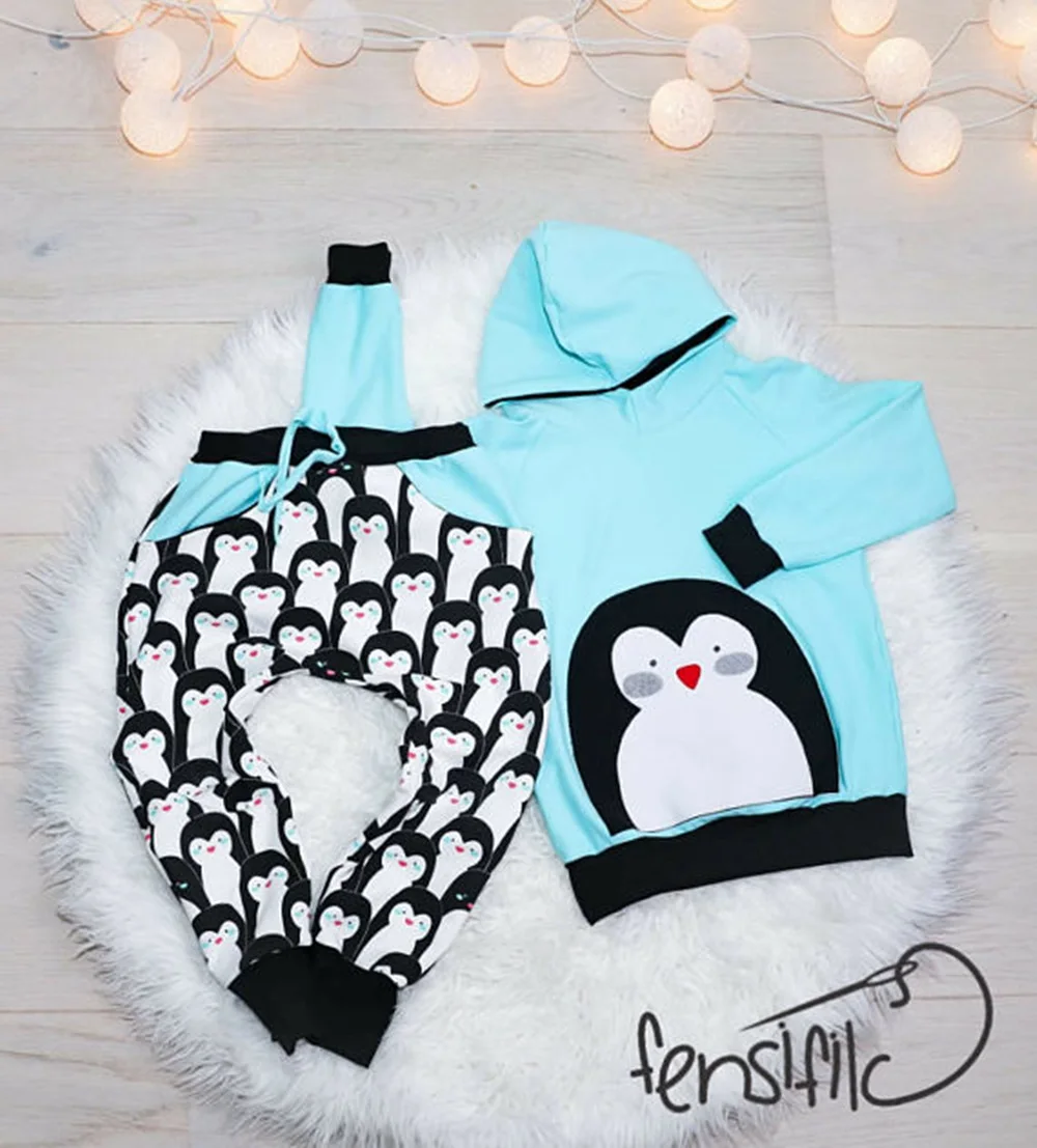 Baby Novorojenčka Pingvin Obleke Baby Boy Girl Long Sleeve Hooded + Hlače Obleko Nastavite Otroci Določa Priložnostne Bombaž Majica 2 KOS