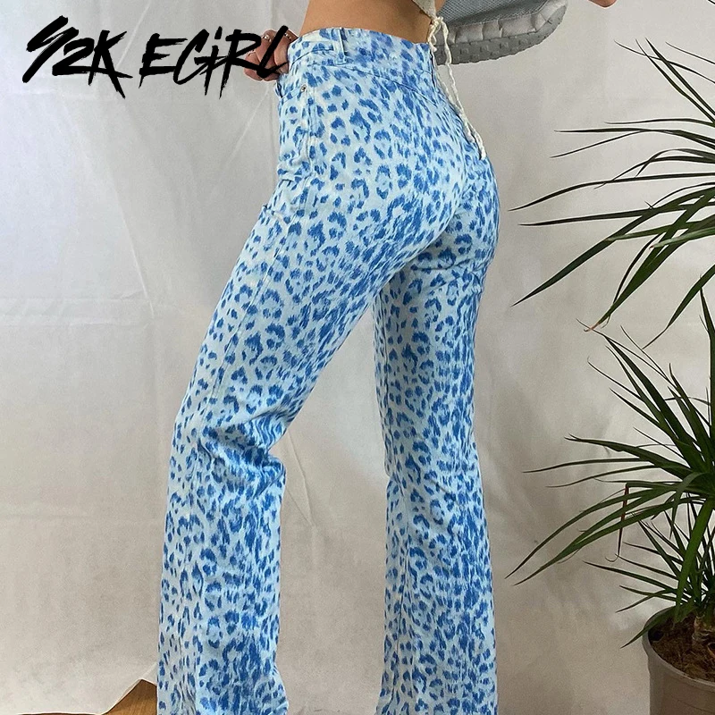 Y2K EGIRL Harajuku Leopard Parttern Visoko Pasu Hlače Estetike Loosed Modra Živali Tiskanja Dolge Hlače Punk Stil Stranka Obleke