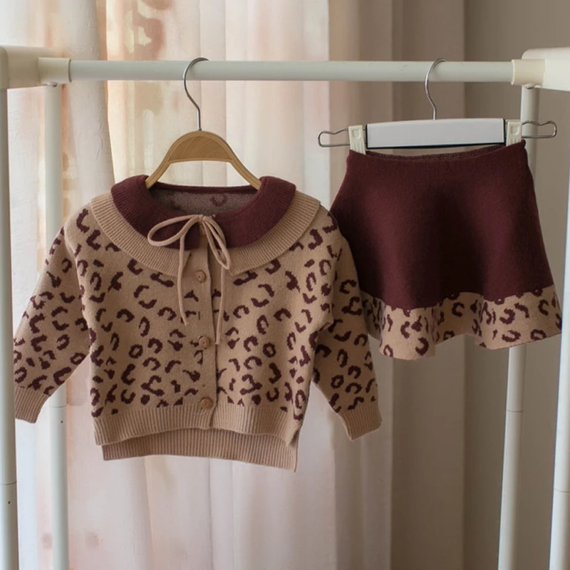 Pozimi Nov otroški Pulover Deklice, Pletene Leopard Tiskanja Oblačila z Dolgimi Rokavi Top + Krilo 2 Delni Set Otroci Oblačila