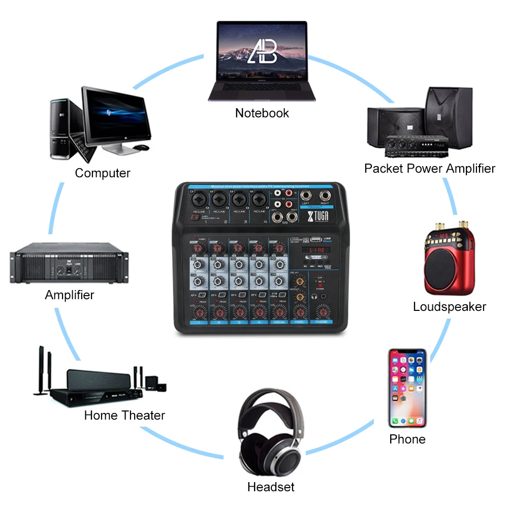 XTUGA AM4/AM6 prinaša dobička Audio Mixer z Zvočno Kartico,Bluetooth,USB, 48V Fantomsko Napajanje za PC/Snemanje/ Live Show/ Stranka