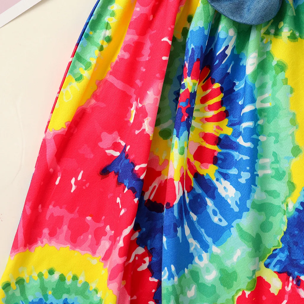 Moda poletni obleki Ruffle Mavrica Tiskanja Denim Lok Princesa Tie-barvane Splice Obleko Obleke 6M-4Y Malčka Otroci Dojencek Dekliška Oblačila