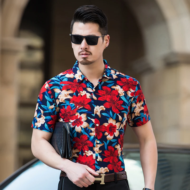 Poletje nov modni moški cvjetnim natisne obleko srajco moški priložnostne cvetje oblačila, majice kratek rokav