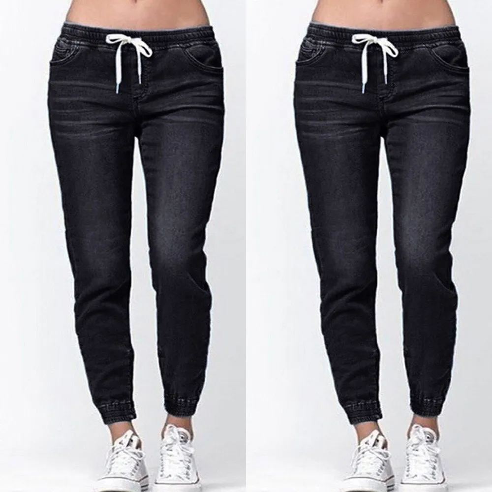 Jeans ženska visok pas, jeans Jeseni Elastična Plus Svoboden mehko udobno Denim Priložnostne Vrvico Plus Odrezane kavbojke mujer 2019