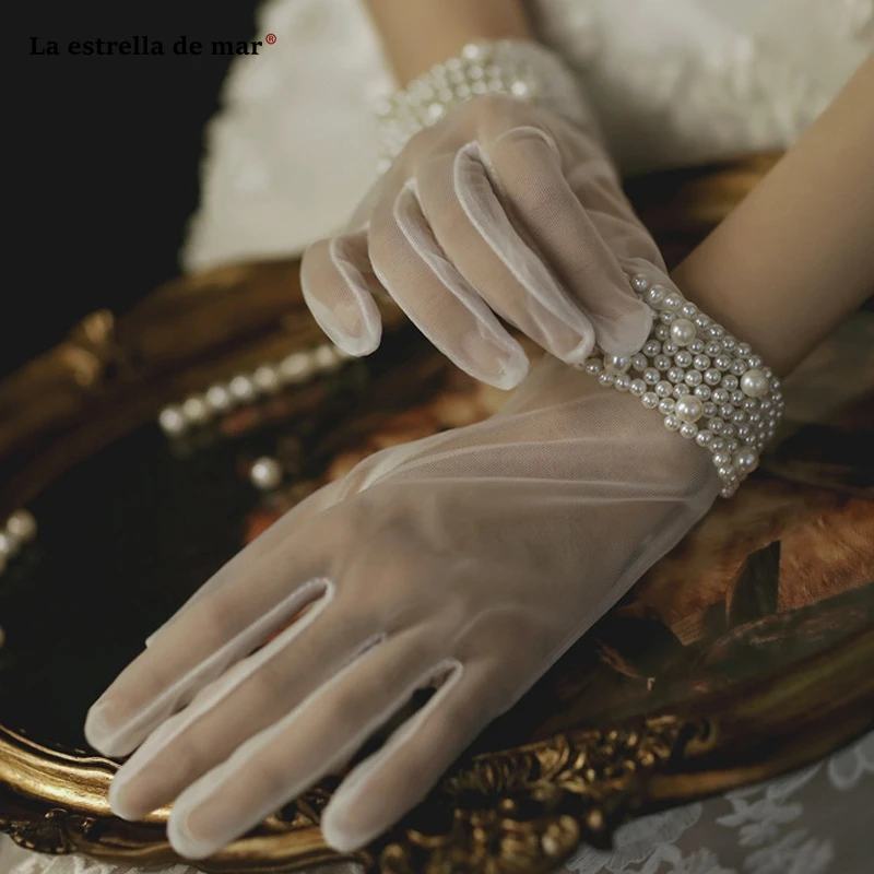 Disfraz seksi de novia novo slonovine čipke pearl prsti pregleden poročni dodatki za vroče les gants femme lepa luva de noiva