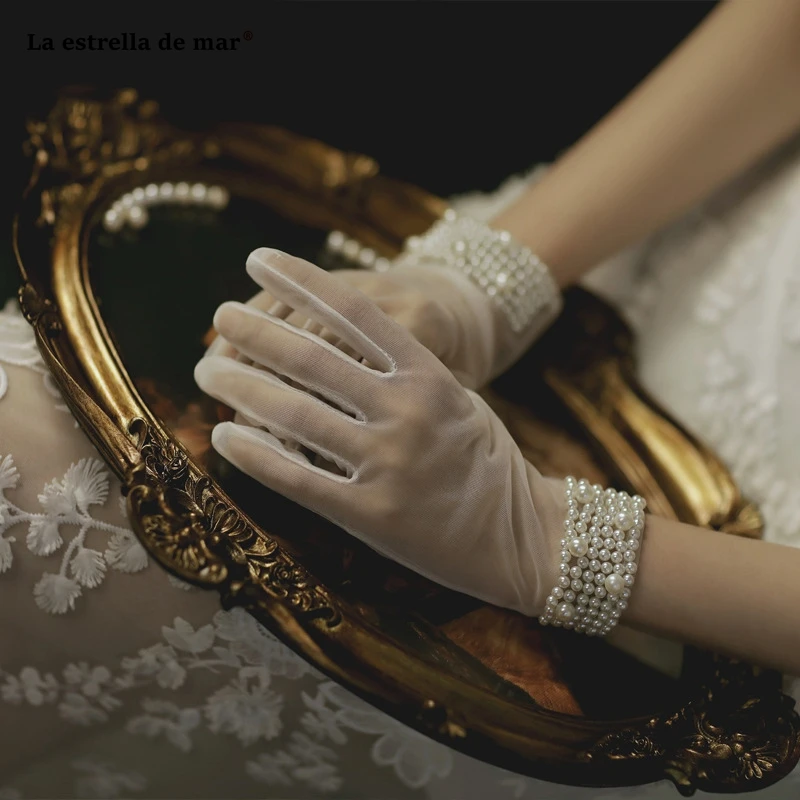 Disfraz seksi de novia novo slonovine čipke pearl prsti pregleden poročni dodatki za vroče les gants femme lepa luva de noiva