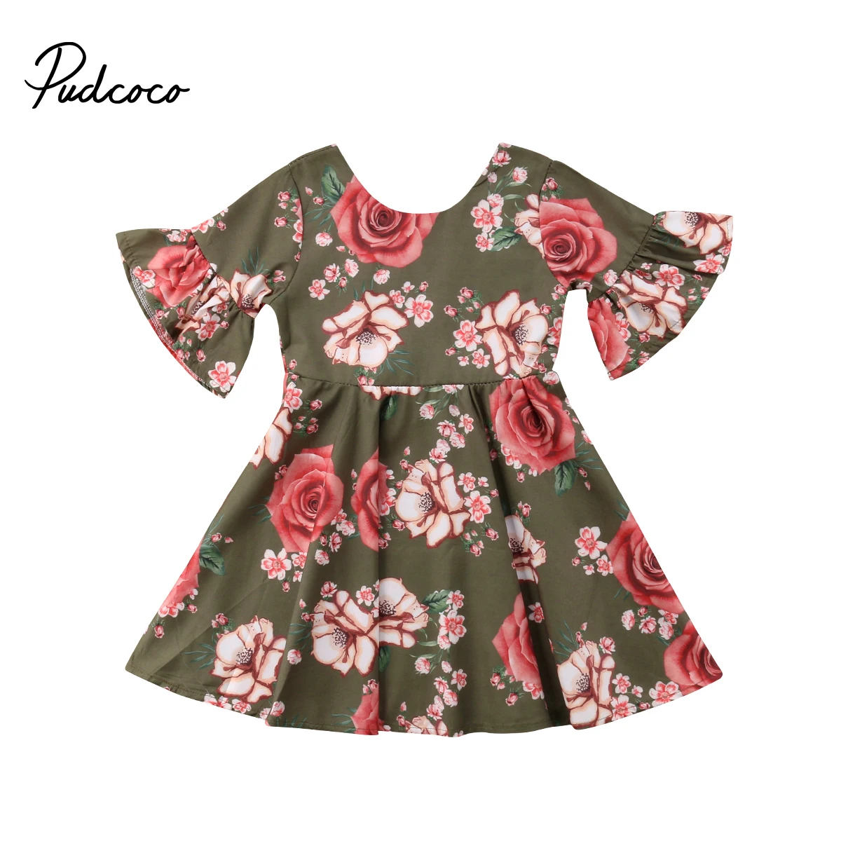 2018 Pomlad Jesen Otrok Flare Rokav Obleka Otroci Cvetlični Obleke za Dekleta Bombaž Pol Rokav Dekleta Obleko Luštna Dekleta Obleke