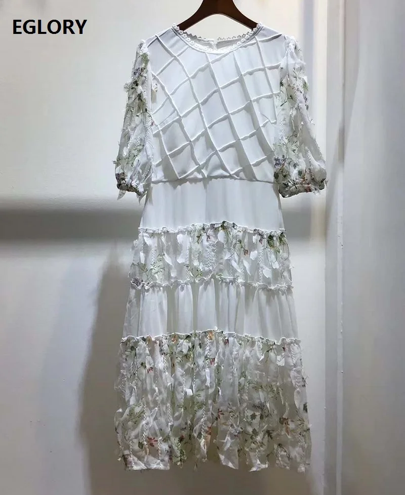 Zgornji Razred Oblikovalec Obleko 2020 Poletje Ženske Geometrijske Vzorce Tassel Cvet Deco Kratek Rokav Vintage Gumb Nazaj Obleko Bele