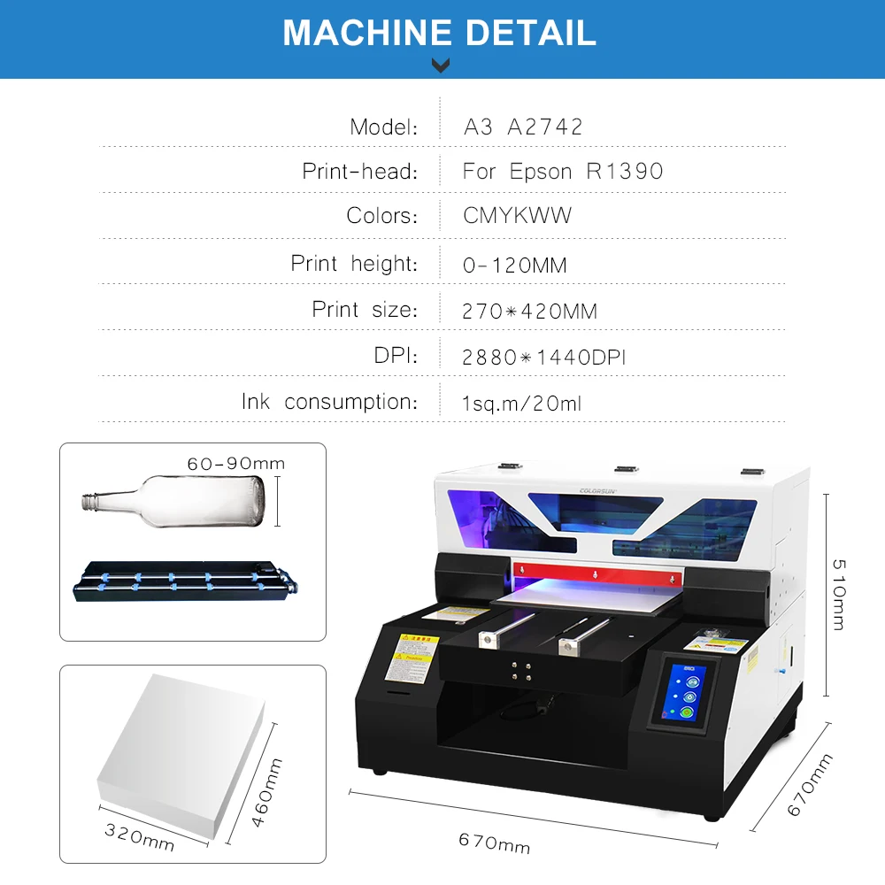 Colorsun samodejno A3 UV ploščad tiskalnika s črnilom za Telefon primeru kovinski steklenici tiskanje pralni a3 UV tiskalnik L1800