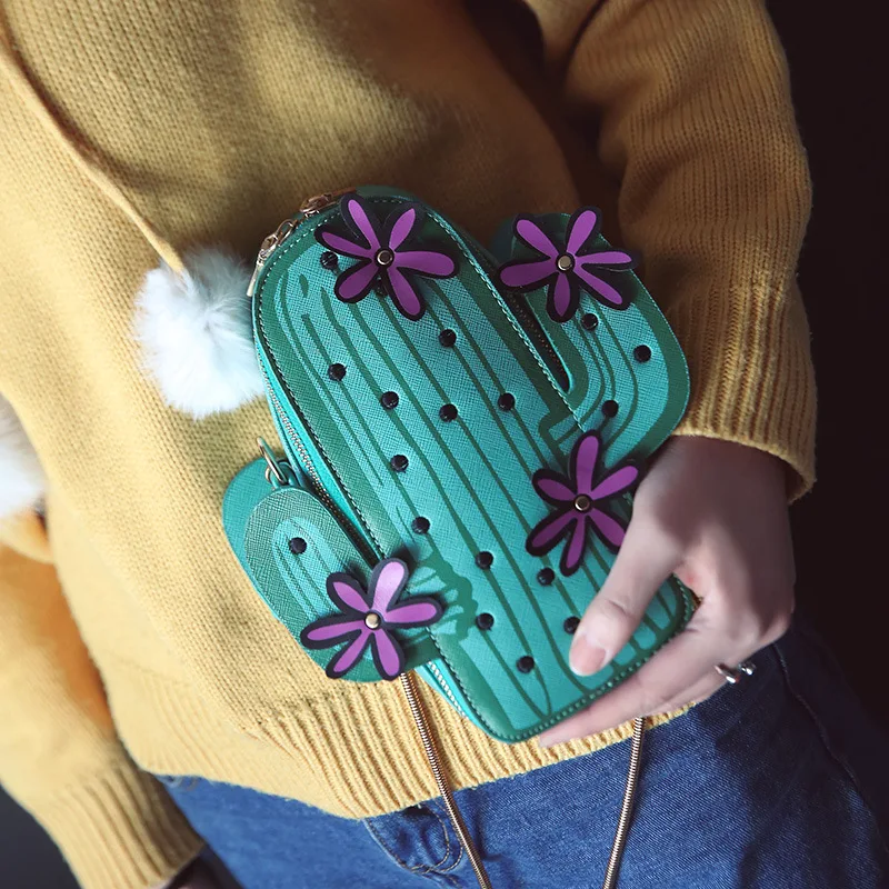 Ženske vezenje cvetje mini verigi rame lepe zelene kaktus obliko vrečko zavihek majhne desinger crossbody vrečko za ženske