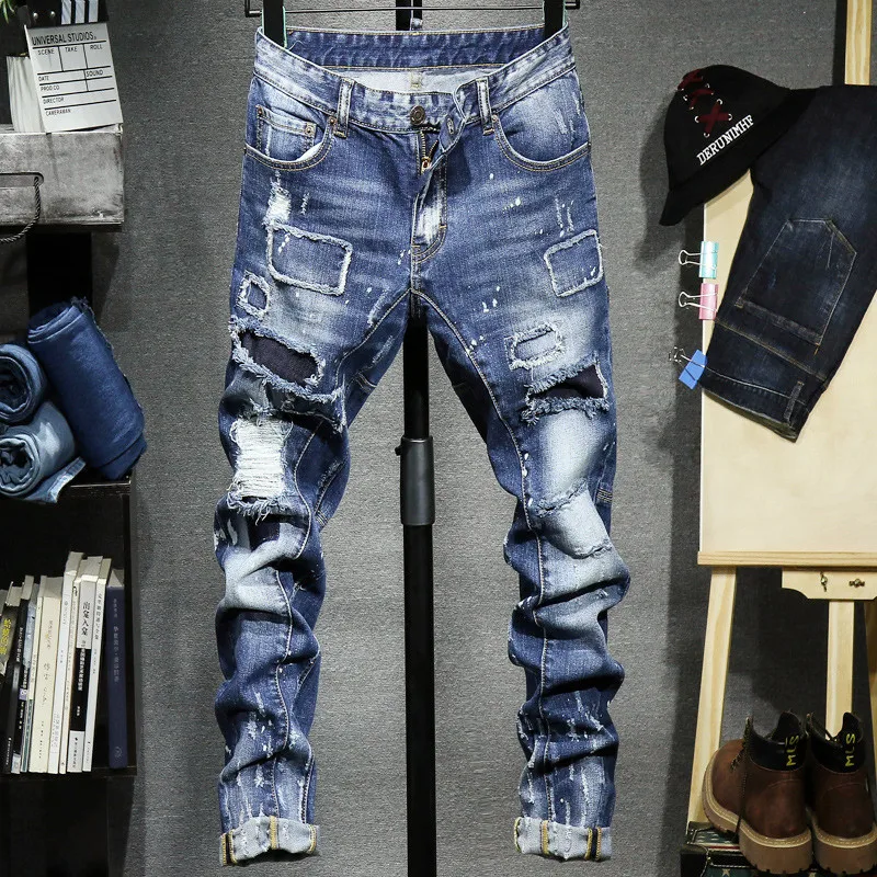Moške Jeans Stretch Suh Retro Naguban Pika Mozaik Priložnostne Luknjo Beljene Oprati Naravnost Letnik Traper Hlače Moški