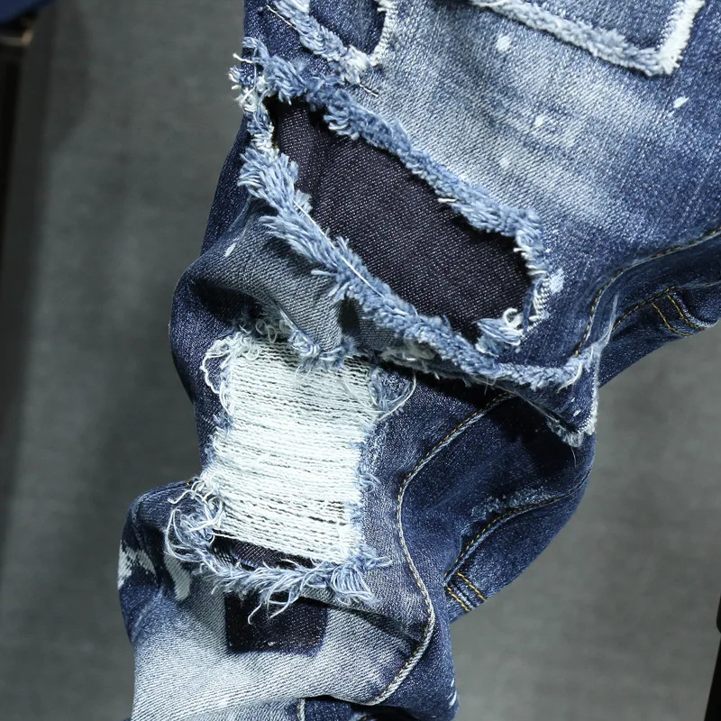 Moške Jeans Stretch Suh Retro Naguban Pika Mozaik Priložnostne Luknjo Beljene Oprati Naravnost Letnik Traper Hlače Moški