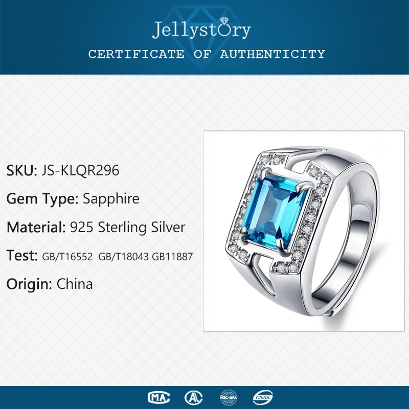 Jellystory modni prstan za moške 925 sterling srebrni nakit s pravokotnik obliko safir gemstone nastavljiv prstan svate