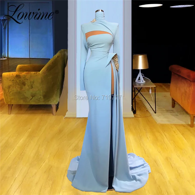 Dubaj Elegantno Modro Nebo, Dolge Večerne Obleke 2020 Haute Couture Poln Rokavi Arabski Plus Velikost Stranka Obleke Maturantski Slaven Obleke