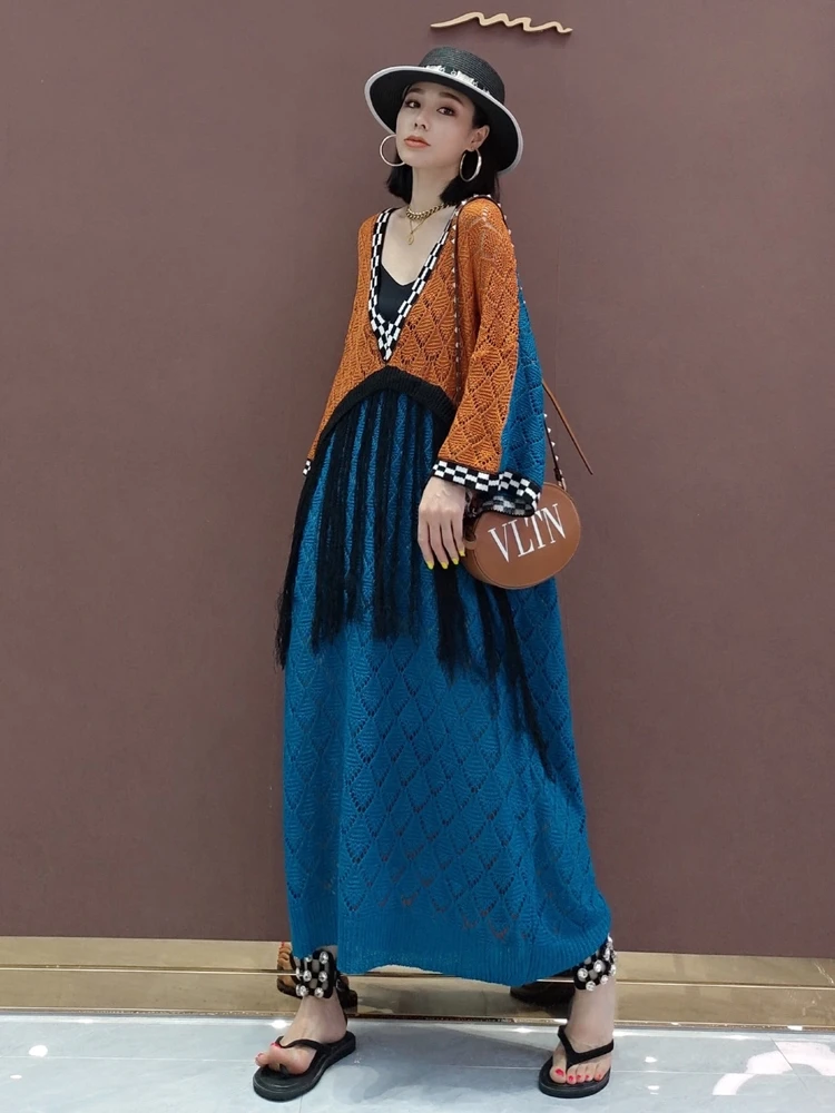 Retro kontrast obleko jeseni mode plesti obleko korejska različica dolgo plesti pulover Proti-vrat bonitete obleko visoko kakovostne ženske 