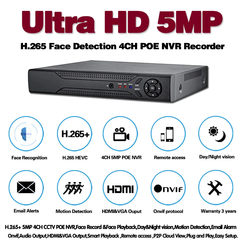H. 265 4CH 5MP Obraz Odkrivanje Omrežja, Video Nadzor Snemalnik PoE NVR 4 8Channel Za HD 5MP 1080P IP Kamero PoE NVR