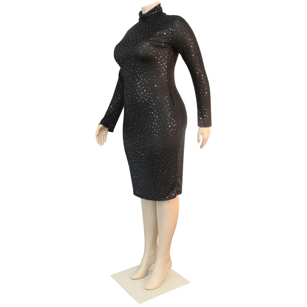 Sparkly Odklon Očesa, spregledal Plus Velikost Obleko Jesenski Oblačila za Ženske 2021 Black Visoko Vratom Dolg Rokav Klub Stranka Mini Obleka