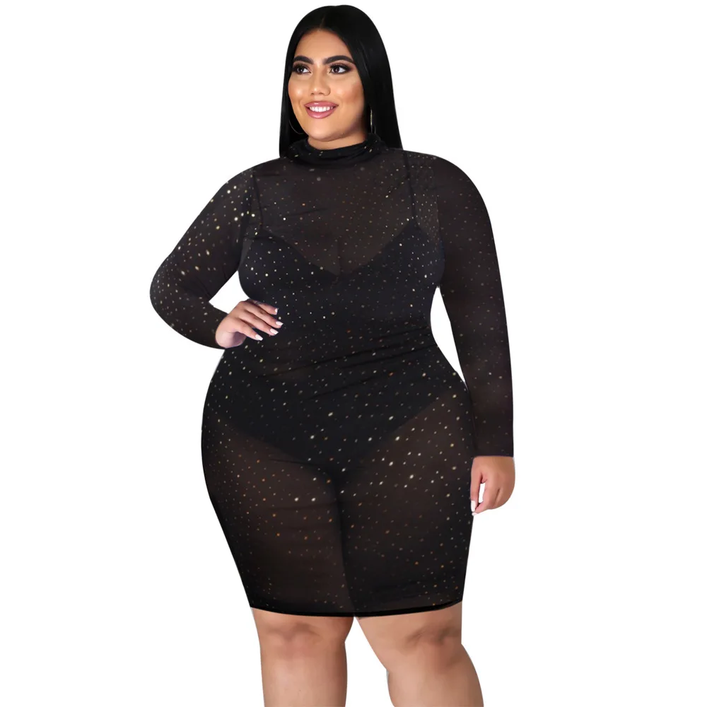 Sparkly Odklon Očesa, spregledal Plus Velikost Obleko Jesenski Oblačila za Ženske 2021 Black Visoko Vratom Dolg Rokav Klub Stranka Mini Obleka