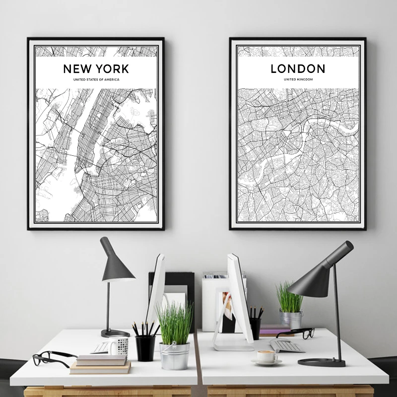 Svetovni Zemljevid Mesta New Yorku, Tokiu, Parizu, Črna in Bela Umetniško Platno Poster Tiskanje Skandinavski Slog Slikarstvo Sliko za Dnevna Soba Dekor