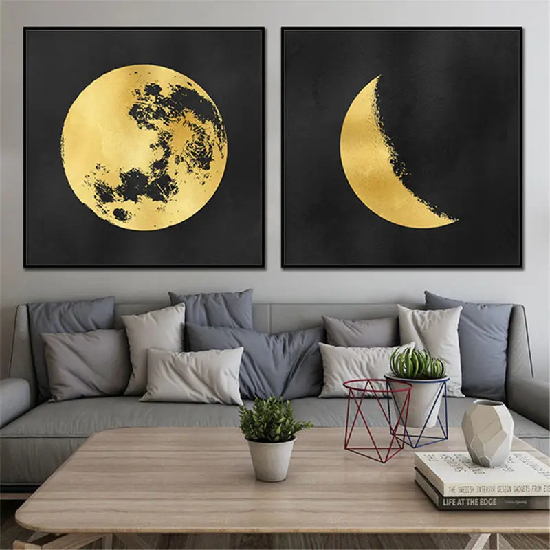 Zlati Luksuzni Luna Zemlja, Plakati, Nordijska Platno Umetniško Slikarstvo Doma Dekor Wall Art Tisk Retro Povzetek Geomery Sliko Kvadrat