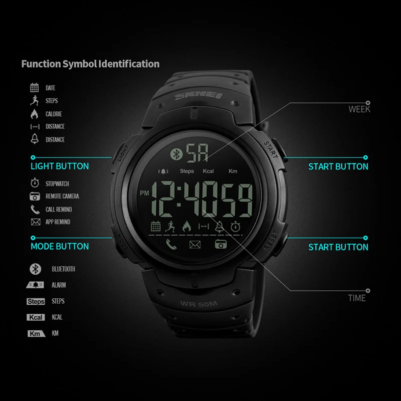 Šport Pametno Gledati Moške SKMEI blagovne Znamke Pedometer Daljinsko vodene Kamere Kalorij Bluetooth Smartwatch Opomnik Digitalni Ročne Relojes